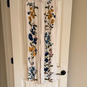 Anthropologie White Wide Leg Pants with Blue and Yellow Floral